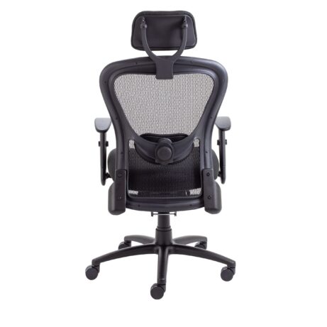 Strata High-Back Task Chair with Seat Slide, black mesh back, upholstered headrest, height-adjustable arms, ergonomic support.
