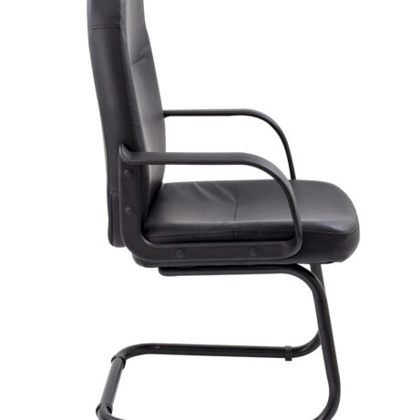 Canasta Visitor Chair in black faux leather with fixed arms and a black powder-coated steel cantilever base.