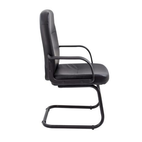 Canasta Visitor Chair in black faux leather with fixed arms and a black powder-coated steel cantilever base.