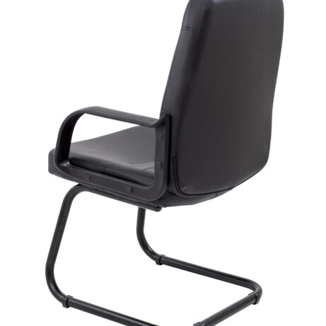 Canasta Visitor Chair in black faux leather with fixed arms and a steel cantilever base, featuring stylish stitching.