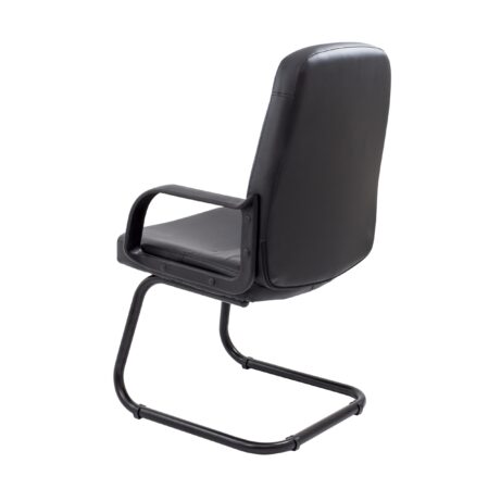 Canasta Visitor Chair in black faux leather with fixed arms and a steel cantilever base, featuring stylish stitching.