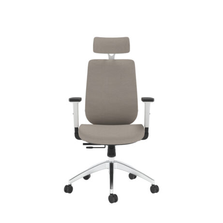Maldini High Back Office Chair in beige with white accents and adjustable headrest, featuring a chrome base and wheels.