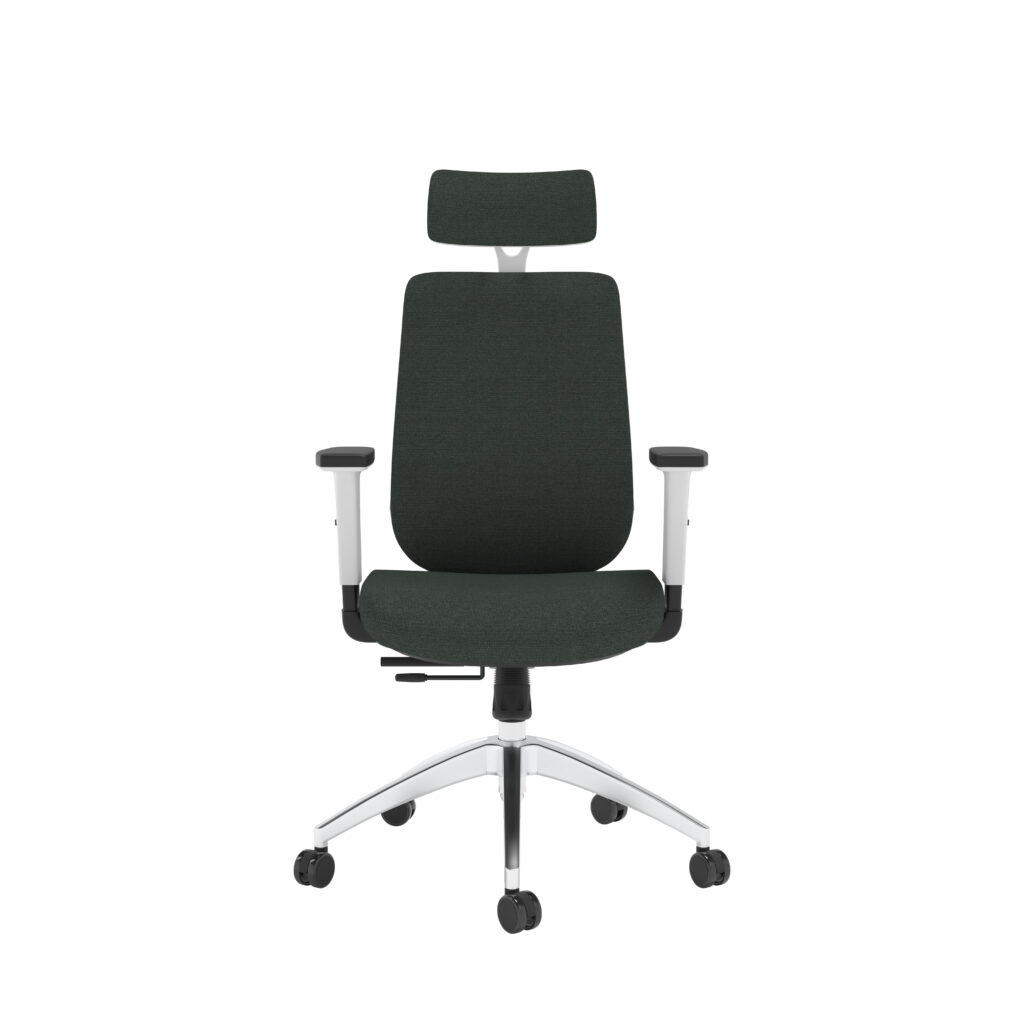 Maldini High Back Office Chair in green fabric with a white frame and adjustable headrest.