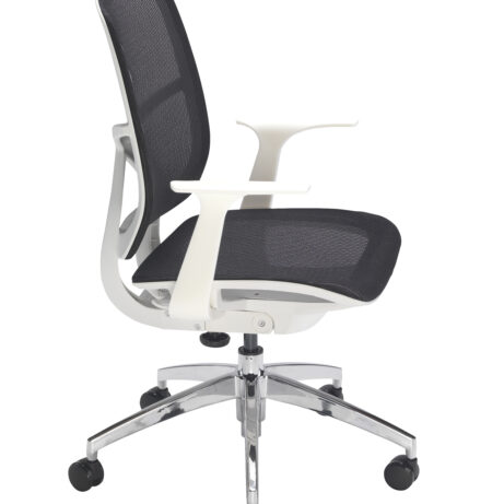 Zico Office Chair in black mesh with fixed white arms and chrome 5-star base, height-adjustable with castors.