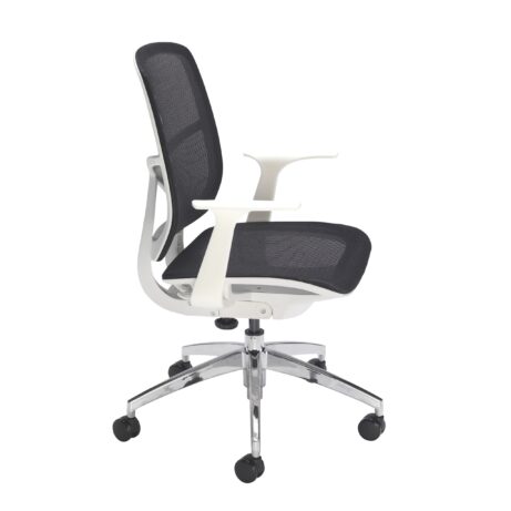 Zico Office Chair in black mesh with fixed white arms and chrome 5-star base, height-adjustable with castors.
