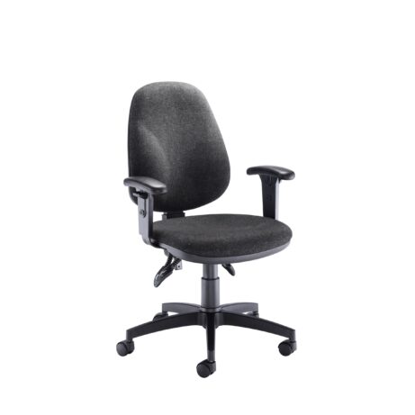 Concept Deluxe Chair with adjustable arms, upholstered in charcoal fabric, featuring a five-star base and swivel functionality.