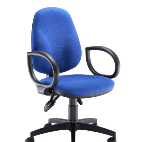 Concept Deluxe Chair with fixed arms in royal blue fabric and a black five-star base, ideal for office use.