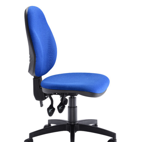 Concept Deluxe Chair in blue fabric, high-back ergonomic design, with adjustable backrest and tilt tension controls.