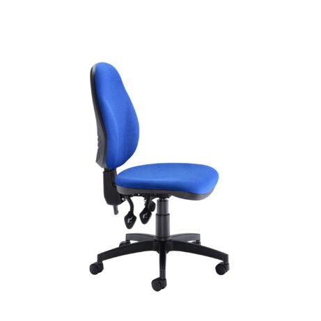 Concept Deluxe Chair in blue fabric, high-back ergonomic design, with adjustable backrest and tilt tension controls.