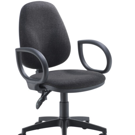 High Back Concept Operator Chair with fixed arms in charcoal fabric, featuring a five-star base and caster wheels.