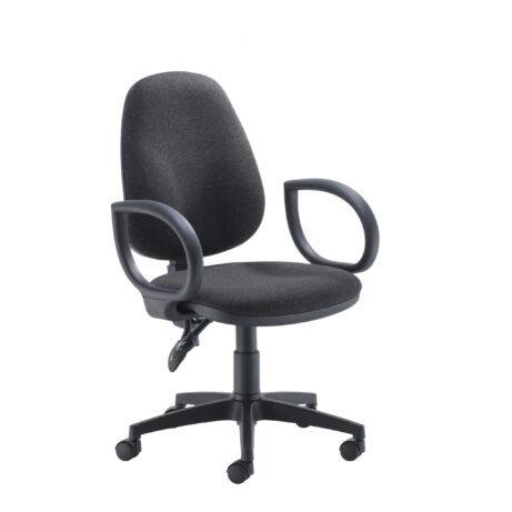 High Back Concept Operator Chair with fixed arms in charcoal fabric, featuring a five-star base and caster wheels.