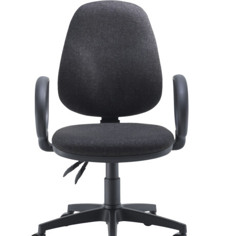 High-back Concept Operator Chair in dark fabric, featuring fixed arms and durable design for all-day comfort.