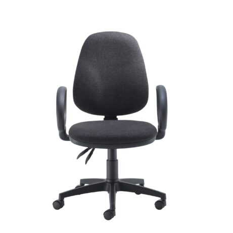 High-back Concept Operator Chair in dark fabric, featuring fixed arms and durable design for all-day comfort.
