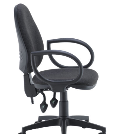 High-back Concept Operator Chair in dark grey fabric with fixed arms and adjustable support mechanism for ergonomic comfort.