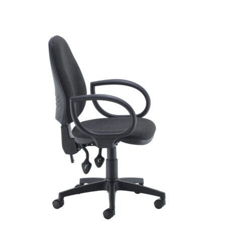 High-back Concept Operator Chair in dark grey fabric with fixed arms and adjustable support mechanism for ergonomic comfort.