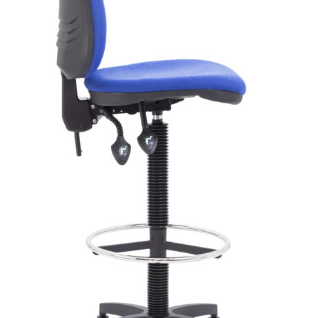 Concept Mid-Back Fixed Draughtsman-Kit Chair in blue fabric with adjustable back height and chrome footring.