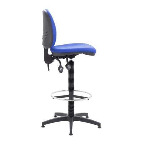 Concept Mid-Back Fixed Draughtsman-Kit Chair in blue fabric with adjustable back height and chrome footring.
