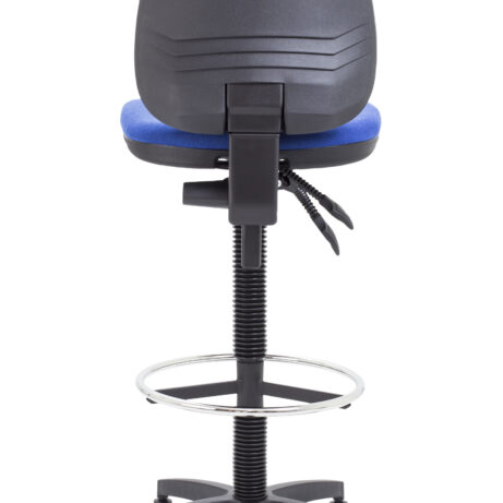 Concept Mid-Back Fixed Draughtsman-Kit Chair with blue fabric seat, black backrest, and chrome footring, designed for comfort.