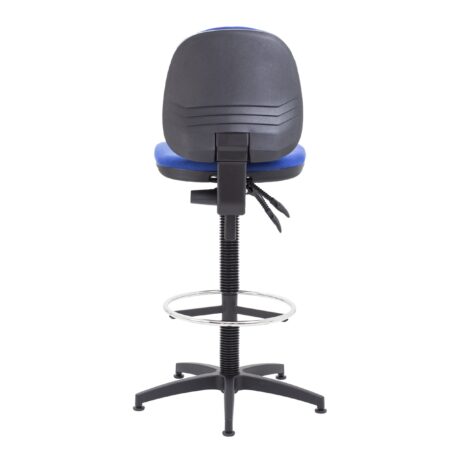 Concept Mid-Back Fixed Draughtsman-Kit Chair with blue fabric seat, black backrest, and chrome footring, designed for comfort.