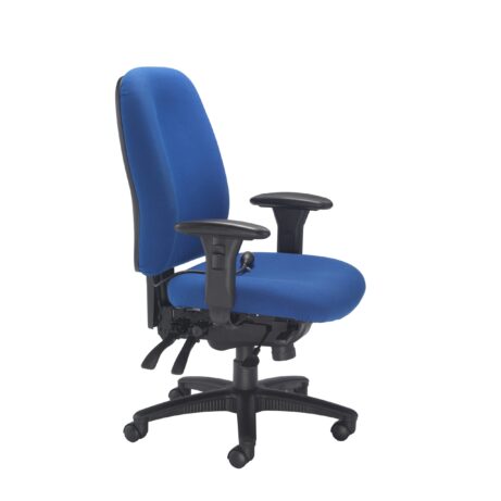Posture Vista High Back Chair in blue fabric, featuring adjustable lumbar support, two-dimensional arms, and a heavy-duty mechanism.