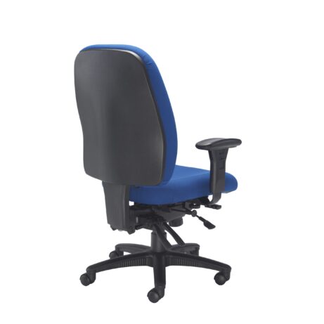 Posture Vista High Back Chair in blue fabric, featuring a black backrest, adjustable arms, and ergonomic controls.