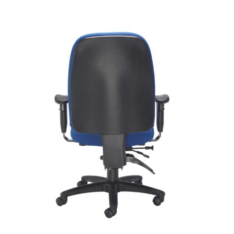 Posture Vista High Back Chair with black backrest and blue seat, featuring adjustable arms and seat slide mechanism.