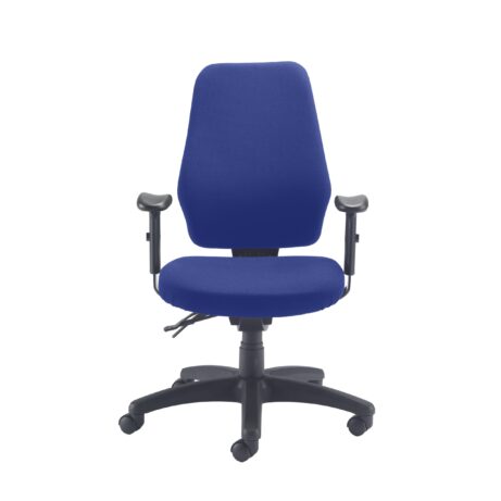 Call Centre Chair in blue fabric with adjustable 2D arms, ratchet back, and five-star base with castors for stability.