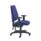 Call Centre Chair in blue fabric with adjustable 2D arms, ratchet back, wedge cushioning, and five-star base with castors.