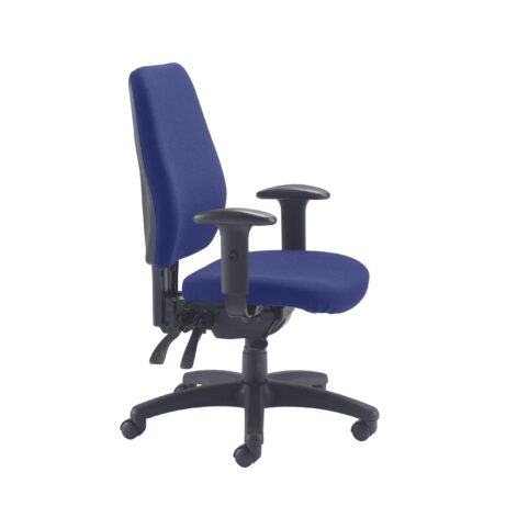 Call Centre Chair in blue fabric with adjustable 2D arms, ratchet back, wedge cushioning, and five-star base with castors.
