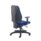 Call Centre Chair in blue fabric with adjustable arms, ratchet back, and five-star base on castors for mobility.