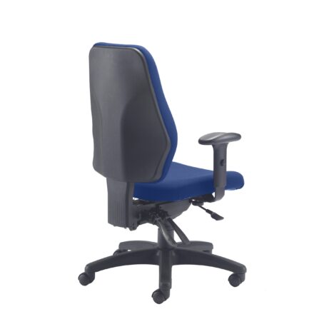 Call Centre Chair in blue fabric with adjustable arms, ratchet back, and five-star base on castors for mobility.