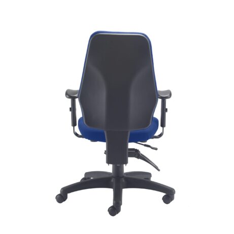 Call Centre Chair with adjustable 2D arms, ratchet back for spinal alignment, and wedge-shaped cushioning in blue.