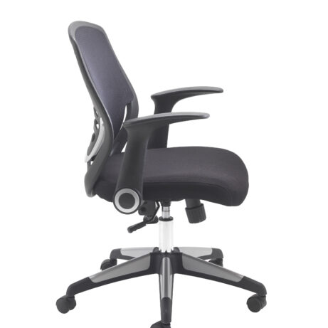 Carbon Office Chair in black, featuring a breathable mesh back, low-profile folding arms, and height-adjustable 5-star base with casters.