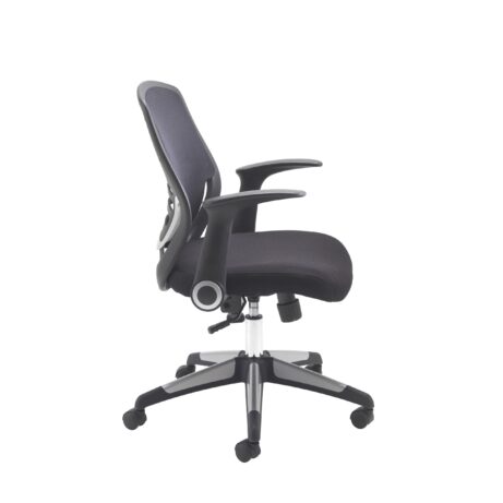 Carbon Office Chair in black, featuring a breathable mesh back, low-profile folding arms, and height-adjustable 5-star base with casters.