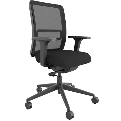 Ergonomic posture chair in black with height and depth adjustable arms and a mesh backrest.