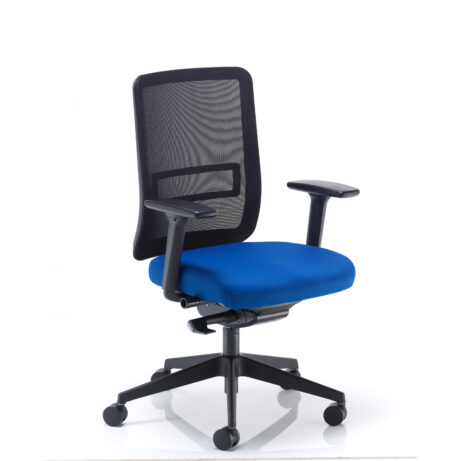 Ergonomic posture chair with blue fabric seat, height and depth adjustable arms, and mesh backrest.