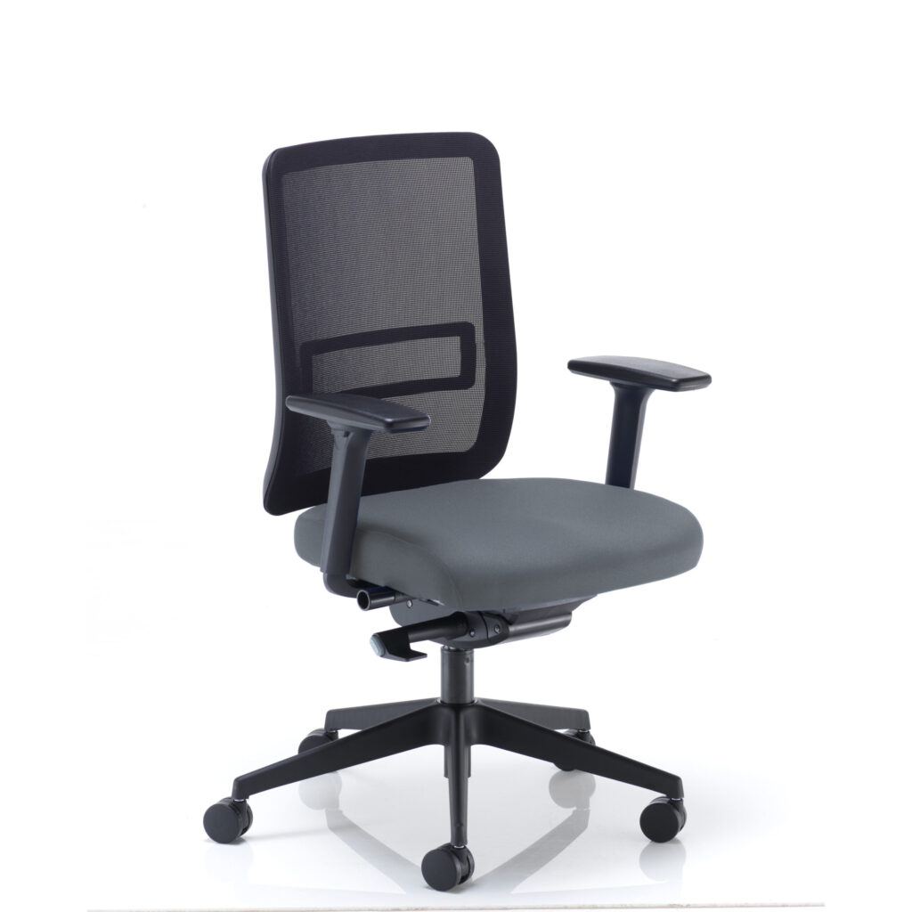 Ergonomic Posture Chair in grey with height and depth adjustable arms and a mesh backrest.