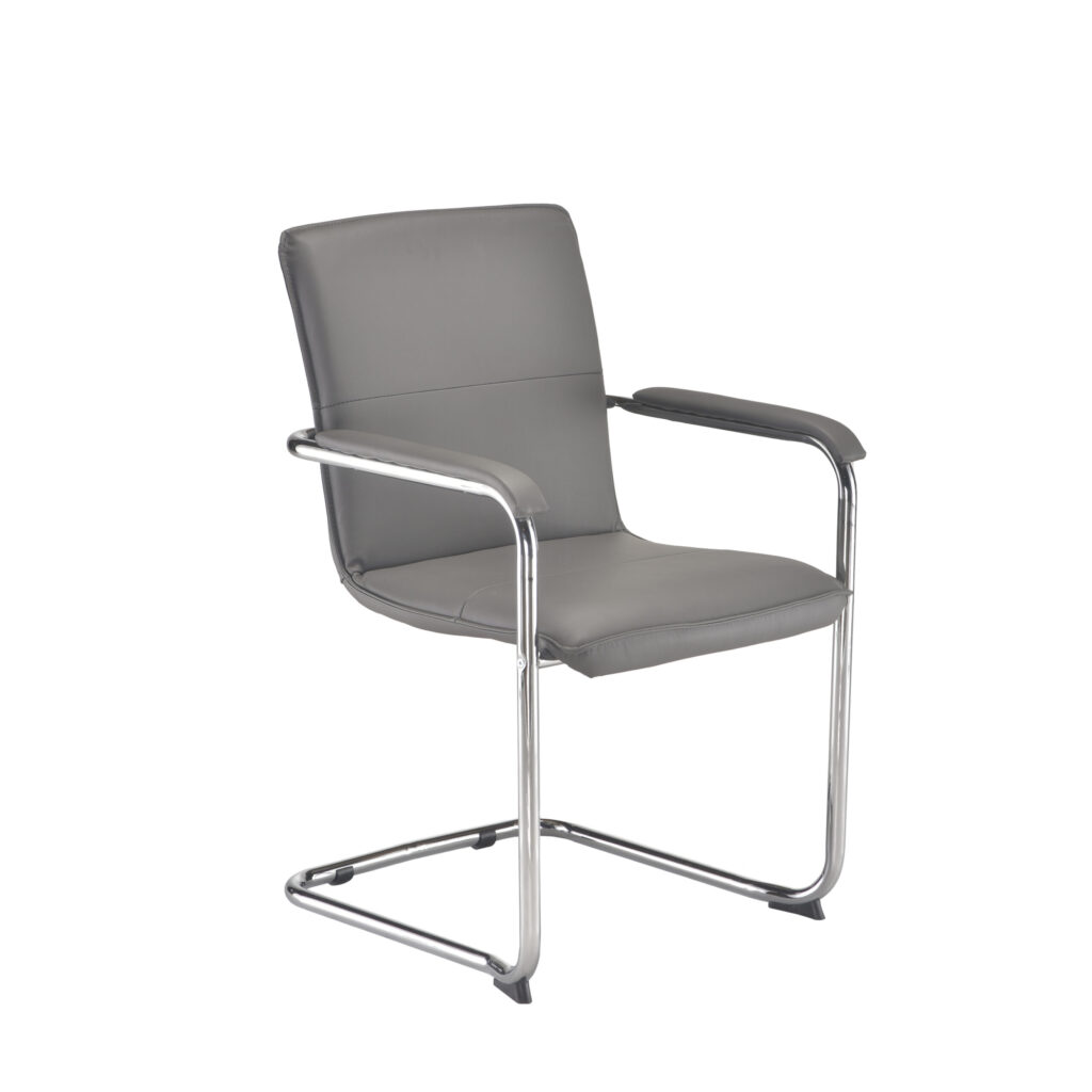 Pavia Visitor Chair with chrome cantilever base, grey leather-look upholstery, and fixed padded arms, ideal for meetings.