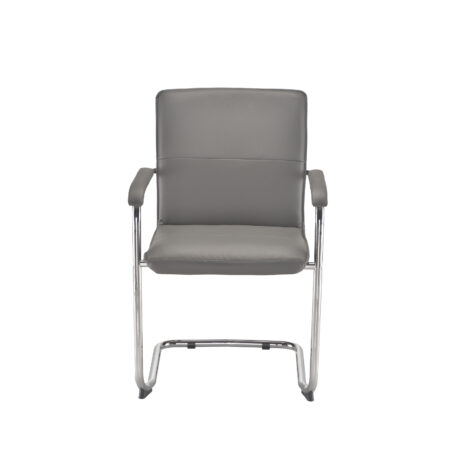 Pavia Visitor Chair in grey leather-look upholstery with chrome cantilever base and fixed padded arms.