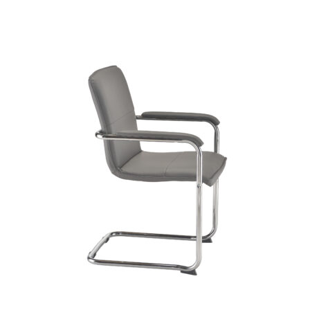 Pavia Visitor Chair with chrome cantilever base, leather-look upholstery, fixed padded arms, and compact profile.