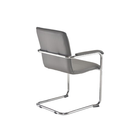 Pavia Visitor Chair with chrome cantilever base, leather-look upholstery, and fixed padded arms in grey finish.