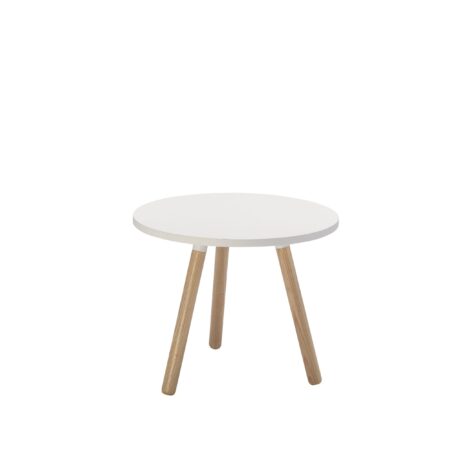Small white Tripod Table with three wooden legs and a round top. Ideal for modern interiors.