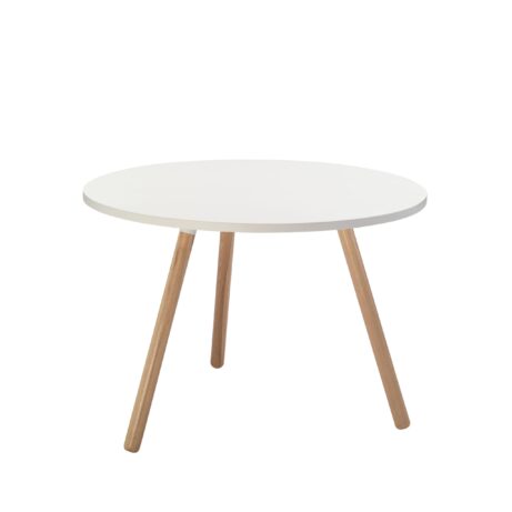 Large white Tripod Table with a round top and three natural wood legs.