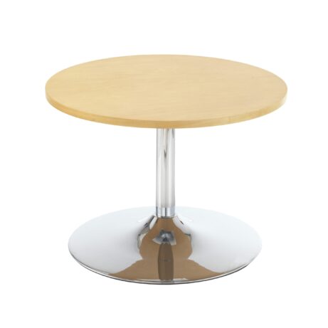 Low Astral Table in Beech with a round tabletop and a chrome base.