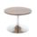 Astral Table Low in walnut with a round top and chrome base. Perfect for modern living spaces.