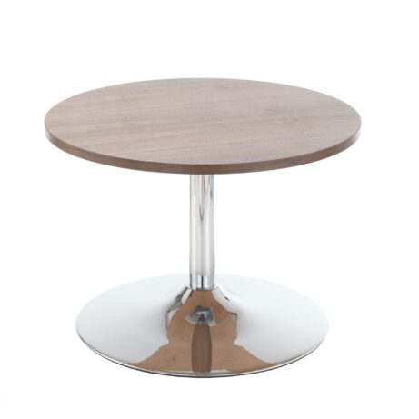 Astral Table Low in walnut with a round top and chrome base. Perfect for modern living spaces.