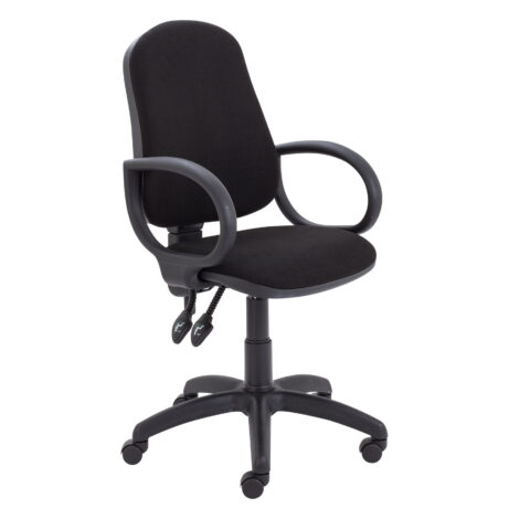 Calypso 2 High Back Operator Chair with fixed arms, upholstered in black fabric, featuring a five-star base on wheels.