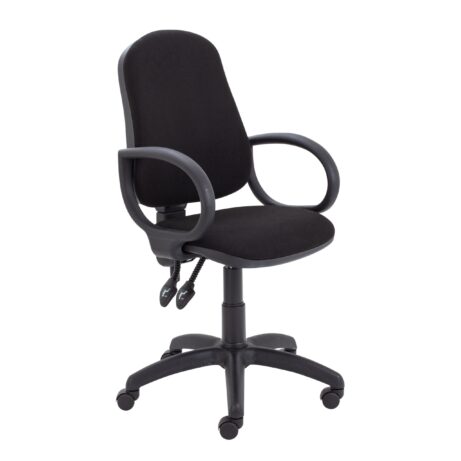 Calypso 2 High Back Operator Chair with fixed arms, upholstered in black fabric, featuring a five-star base on wheels.
