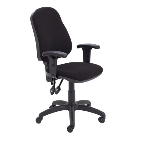 Calypso 2 High Back Operator Chair in black with adjustable arms and a five-star base on wheels.