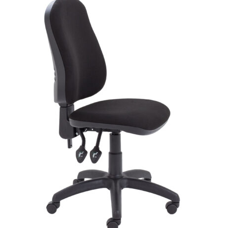 Calypso 2 High Back Operator Chair, no arms, black fabric upholstery, adjustable height, five-star base on wheels.